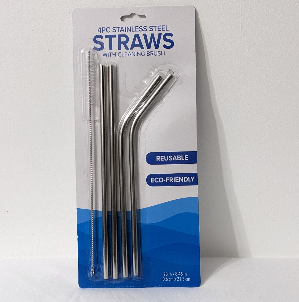 Stainless Straws With Cleaning Brush (4 PC), NEW, Reusable & Eco Friendly Straws